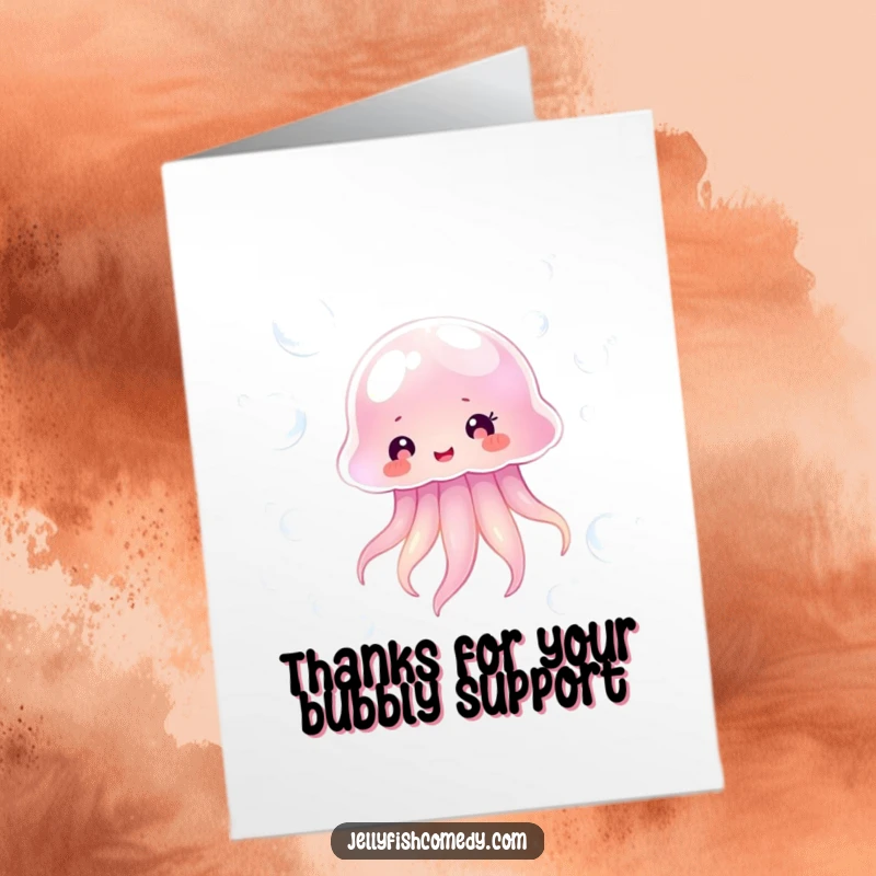 Free Printable Jellyfish Thank You Card, a charming downloadable greeting with a happy jellyfish floating near shimmering bubbles, perfect for gratitude.