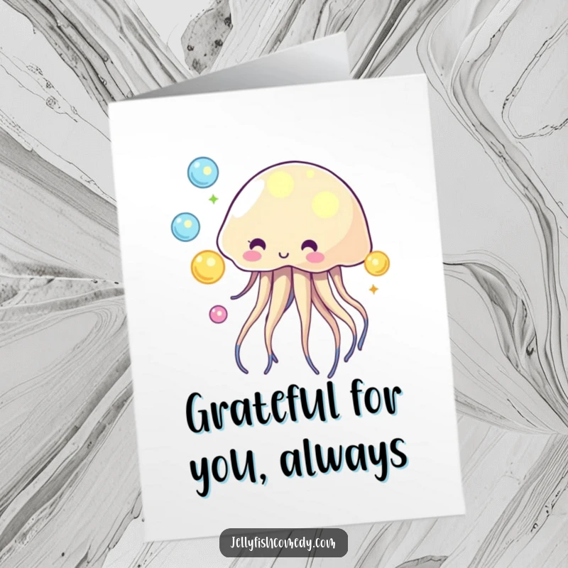 Funny free printable juggling jellyfish thank you card, expertly tossing glowing orbs, a magical downloadable thank you.