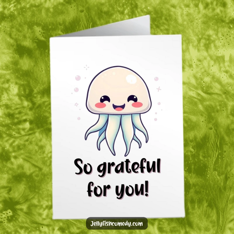 Funny free printable thank you card of a kawaii jellyfish with a big smile, radiating bubbly energy and gratitude.