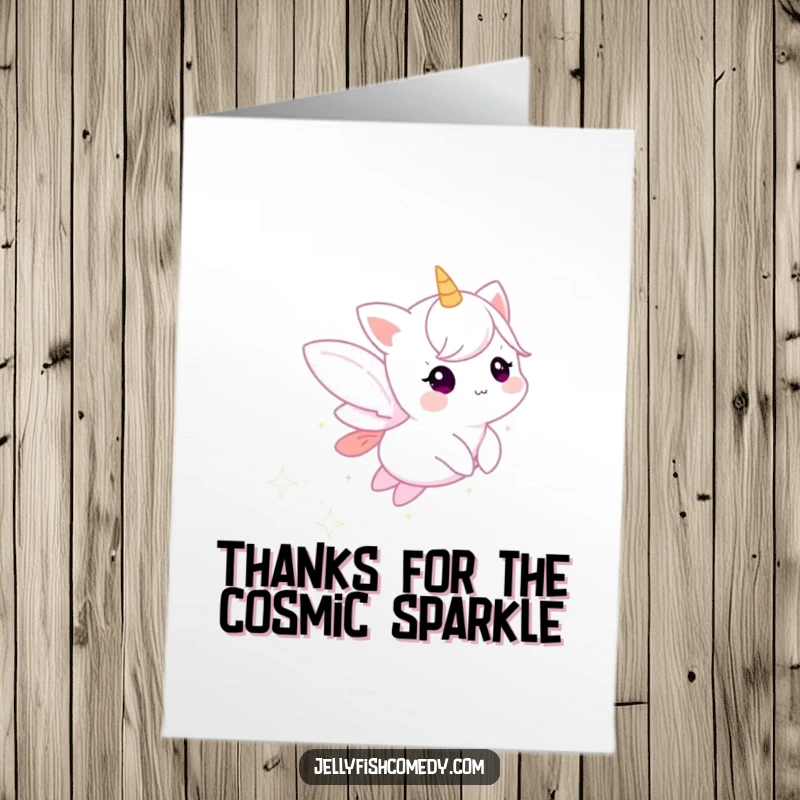 Funny Free Printable Thank You Card with an ethereal creature leaving a trail of sparkling stardust, perfect for showing appreciation.
