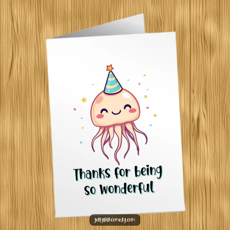 Funny Free Printable Thank You Card: A jellyfish wearing a tiny party hat, surrounded by confetti, offering thanks.
