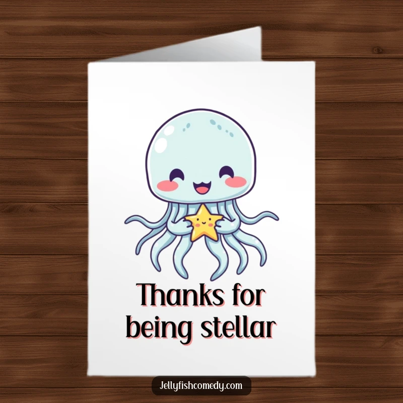 Funny Free Printable Thank You Card of a happy jellyfish clutching a tiny, sparkly star, symbolizing a bright thank you.