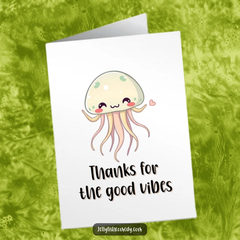 Funny Free Printable Thank You Card of a silly jellyfish performing a delightful dance with its tentacles flowing rhythmically, looking happy.