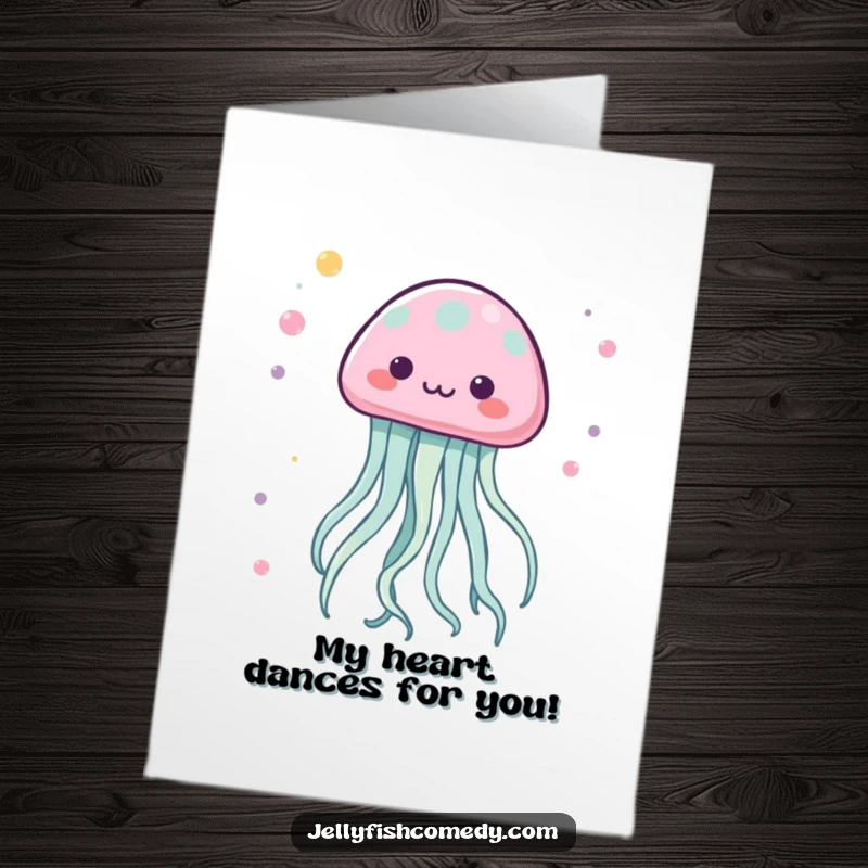 Funny free printable thank you card of a kawaii jellyfish with tentacles dancing joyfully in a lively, eye-catching pattern.