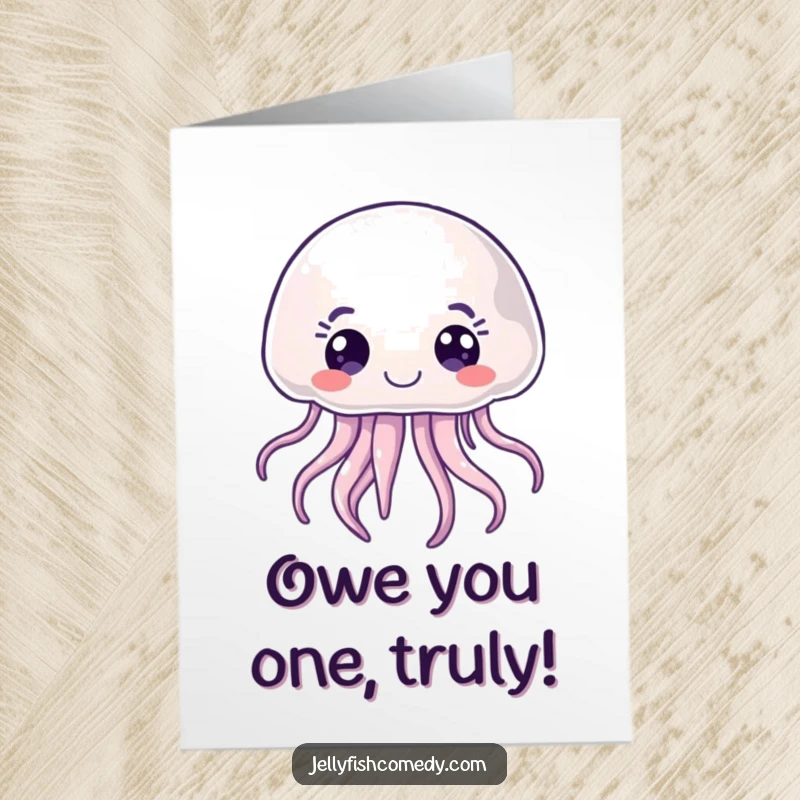 Funny Free Printable Thank You Card featuring a happy, joyful jellyfish with wide, curious eyes, floating serenely to express thanks.