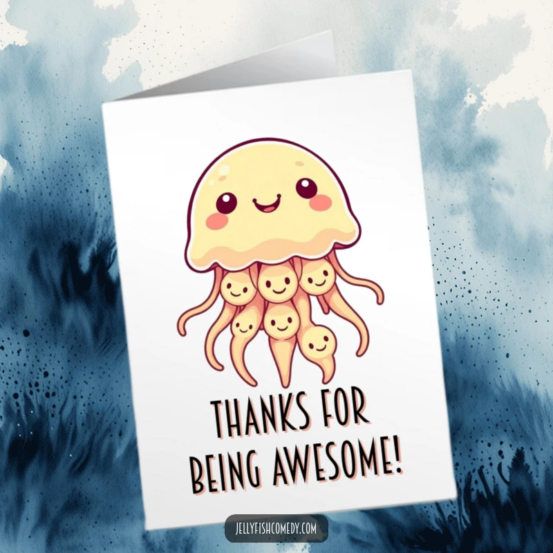 Funny free printable thank you card featuring a kawaii jellyfish bell covered in many happy, beaming smiley faces.
