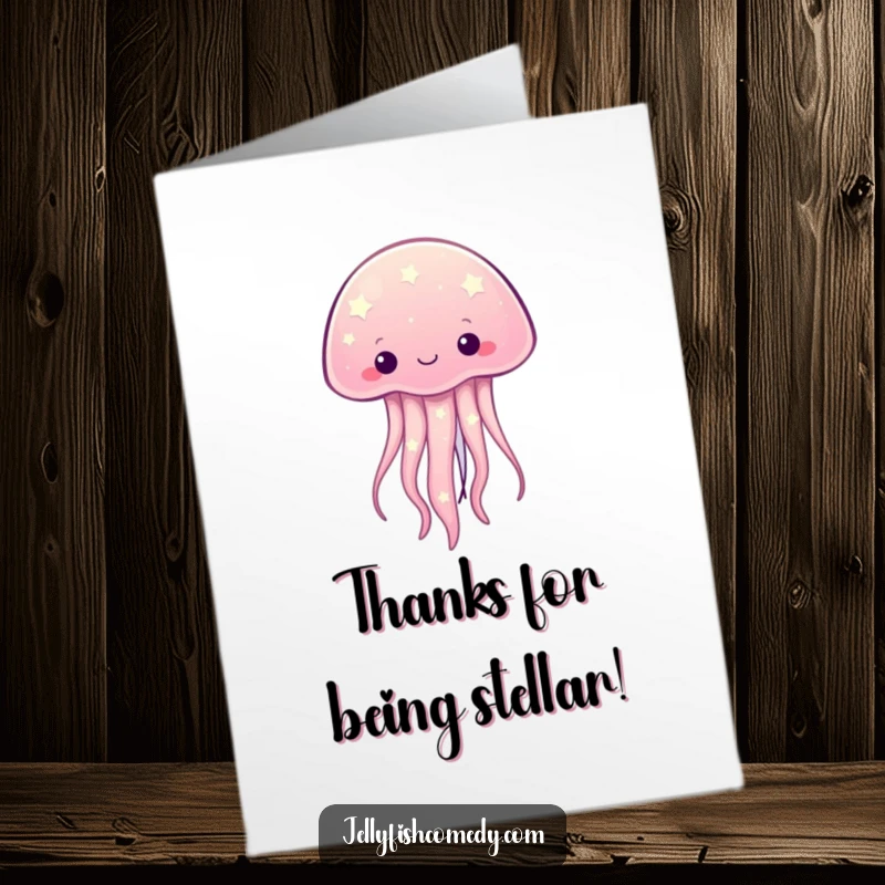 Funny free printable thank you card: A kawaii jellyfish with twinkling starry patterns shines brightly, offering a cosmic thank you.