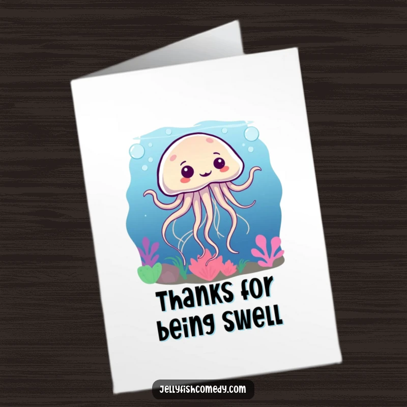 Funny Free Printable Thank You Card: A jellyfish does a silly dance underwater, tentacles swirling in gratitude.