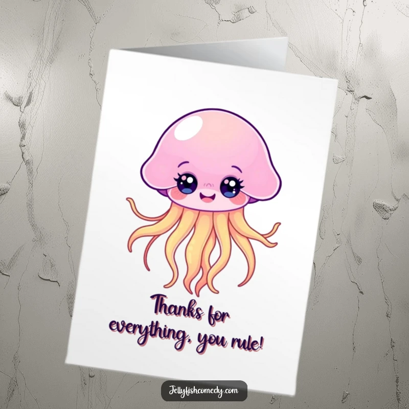 Funny free printable thank you card featuring a happy kawaii jellyfish happily floating, its bright eyes conveying warm appreciation.