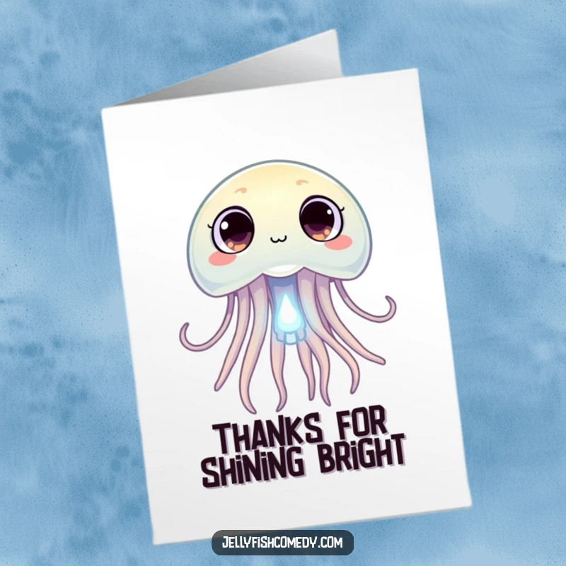 Free Printable Thank You Card with a curious jellyfish studying a tiny glowing plankton, a downloadable expression of wonder and gratitude.