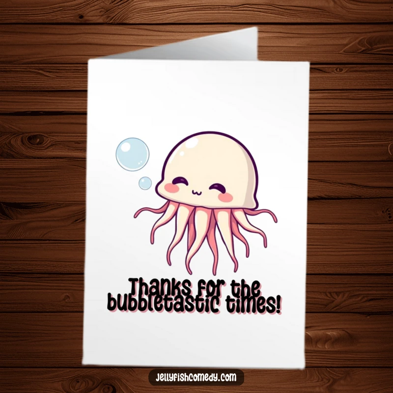 Funny Free Printable Thank You Card: Jellyfish with a silly expression blowing a bubble, a cute and downloadable greeting.