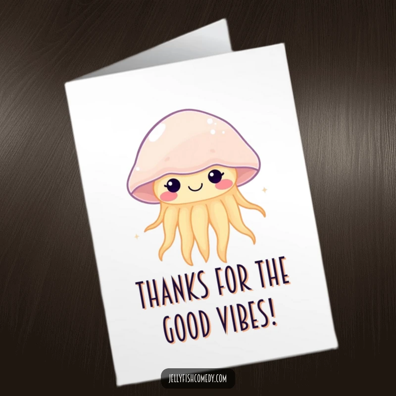 Funny Free Printable Thank You Card: A happy kawaii jellyfish with a cheerful expression gently pulses, sending thanks.