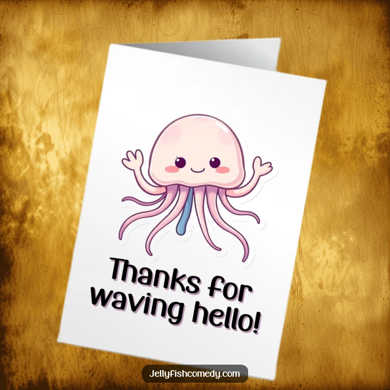 Funny Free Printable Thank You Card: A smiling jellyfish with flowing tentacles cheerfully waves hello, conveying thanks.
