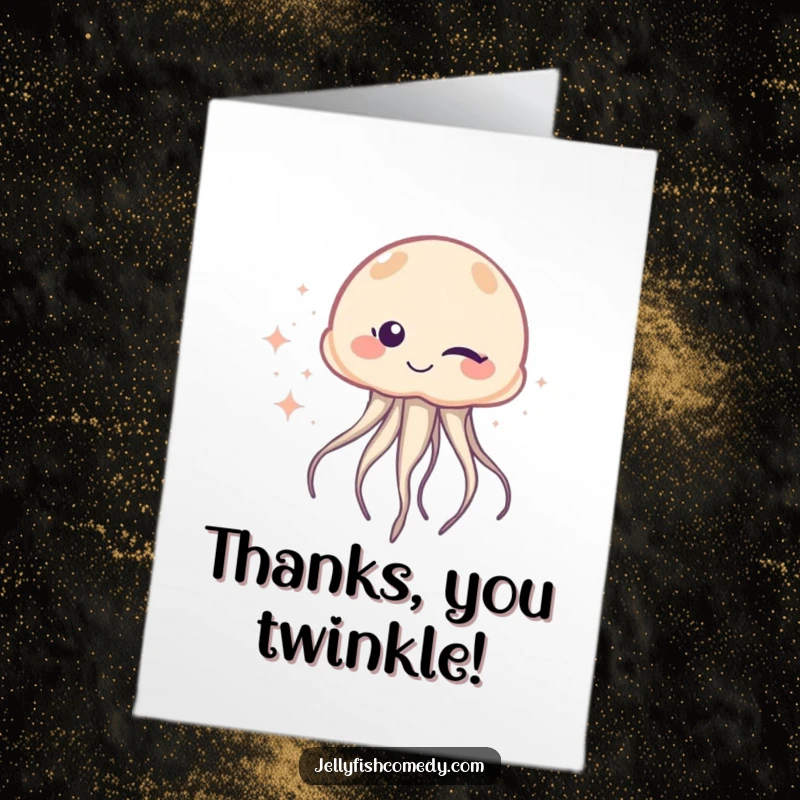 Free Printable Thank You Card of a charming jellyfish giving a knowing wink while trailing magical sparkles.