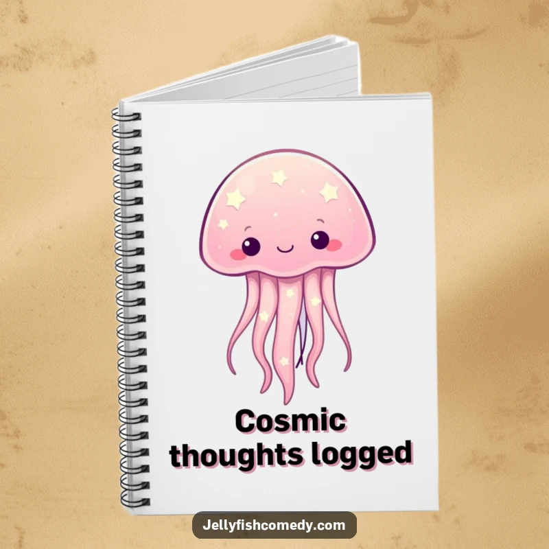 Funny kawaii jellyfish with twinkling starry patterns on a notebook, great for journaling celestial thoughts.
