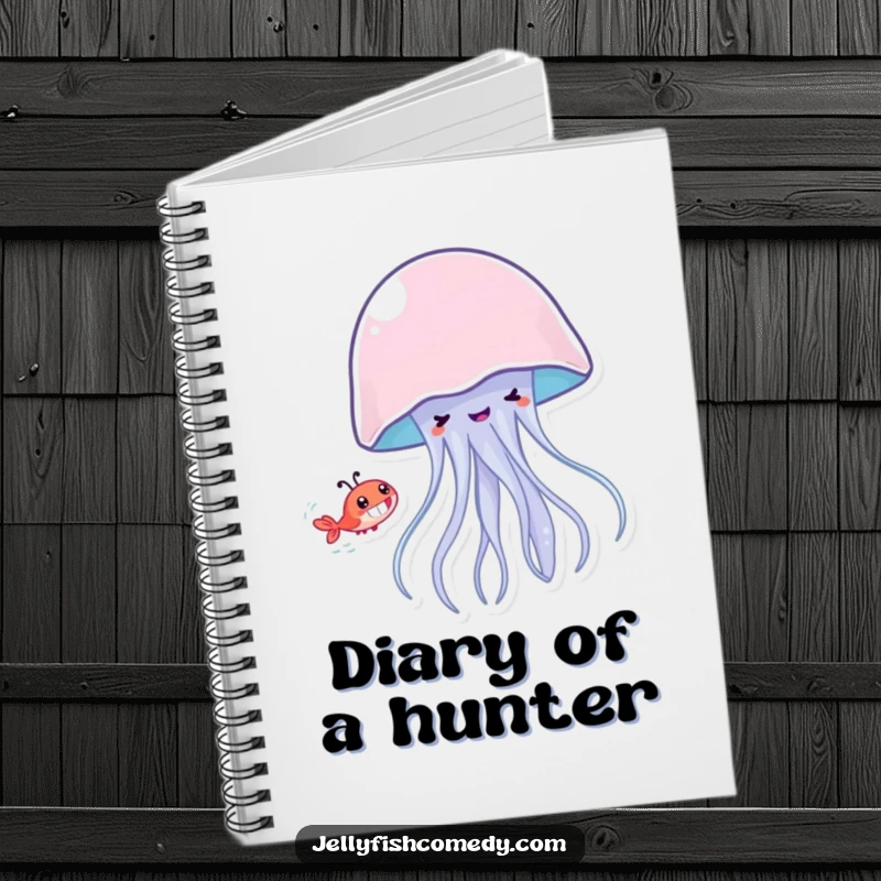 Funny jellyfish with a grin playfully chasing a shrimp, a blank notebook for jotting down funny stories and notes.