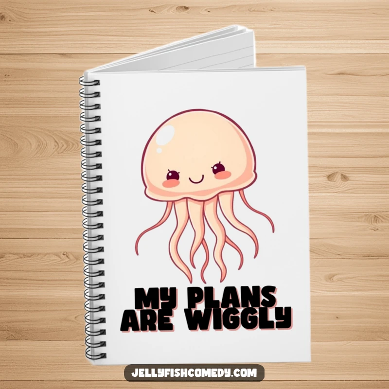 Funny determined jellyfish notebook design shows a jellyfish swimming vigorously, perfect for planning and achieving goals with humor.