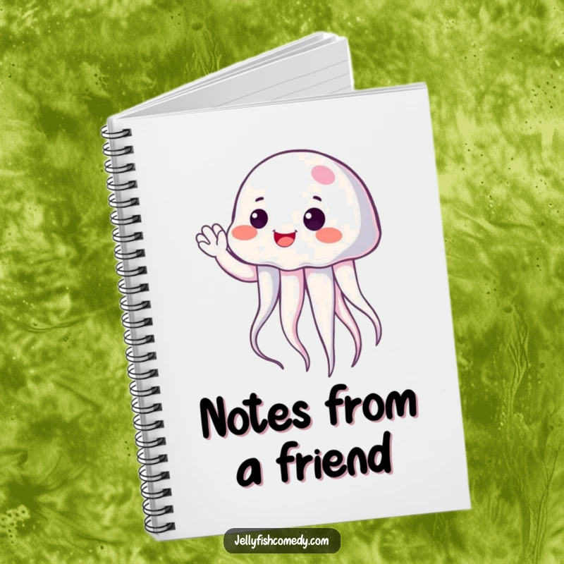 Funny cheerful jellyfish waving hello, a blank notebook for writing down happy thoughts and funny observations.