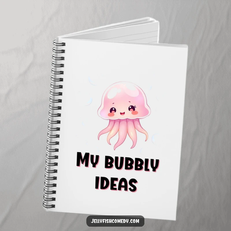Funny transparent jellyfish happily floating amongst shimmering bubbles, a humorous notebook for jotting down ocean-inspired thoughts.