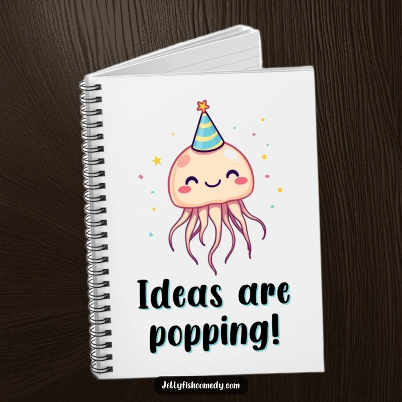 Funny jellyfish wearing a party hat, surrounded by confetti, a humorous notebook for capturing ideas.