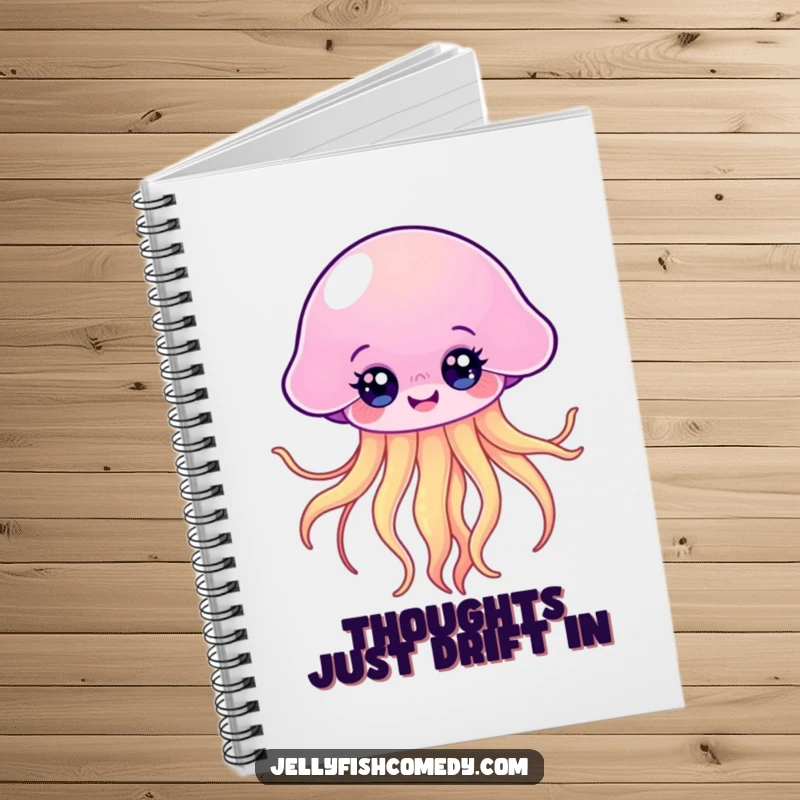 Funny Kawaii Jellyfish Notebook featuring a happy floating jellyfish with bright eyes and flowing tentacles, ideal for note-taking.