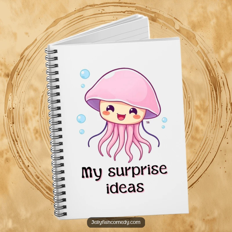 Funny surprised jellyfish notebook, featuring a happy sea creature with wide eyes, being carried by a current.
