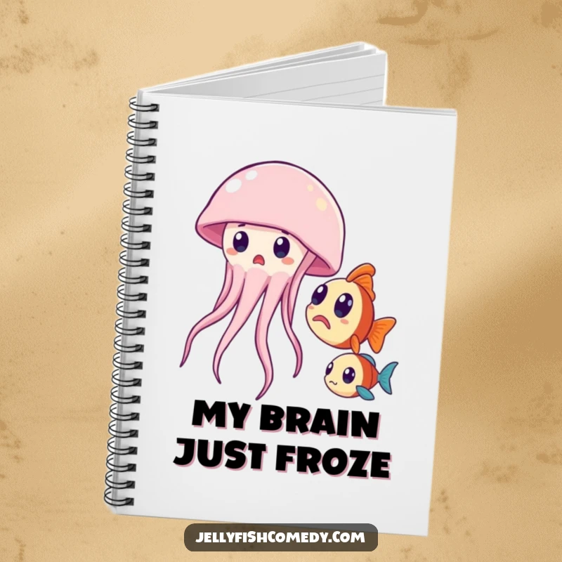Funny notebook featuring a surprised jellyfish and curious fish, ideal for note-taking and journaling with humor.