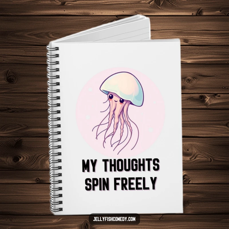 Funny notebook showcasing a graceful jellyfish in a continuous spin, perfect for note-taking and capturing flowing inspiration.