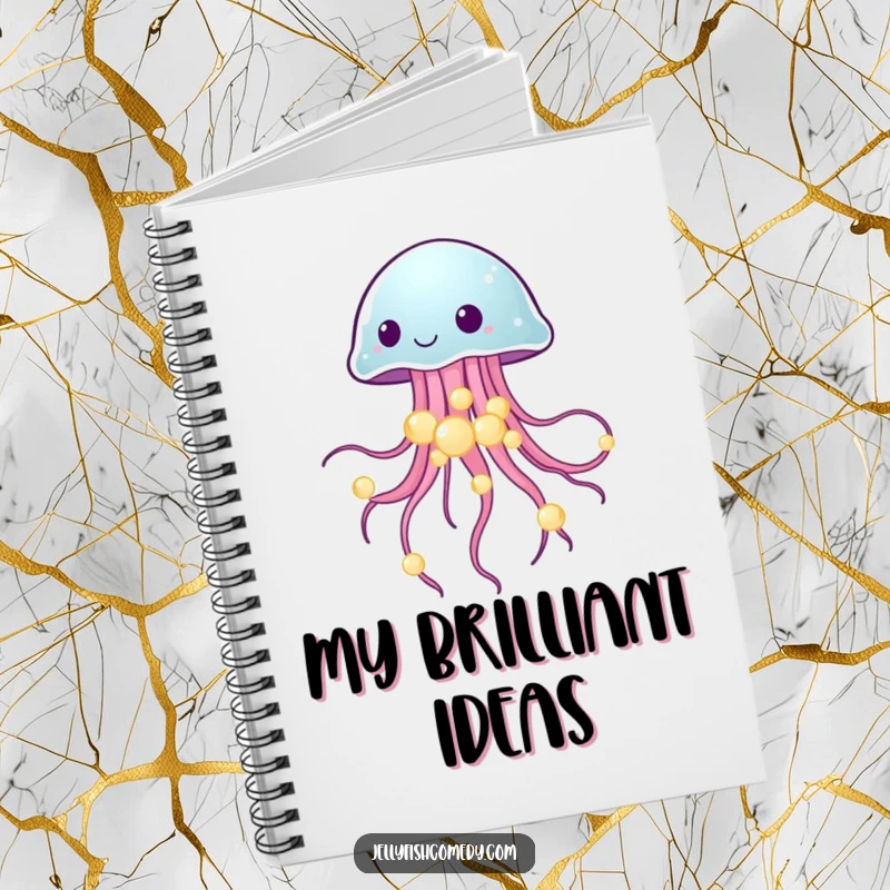 Funny notebook with a jellyfish gracefully balancing glowing sea pearls, ideal for journaling and notes.