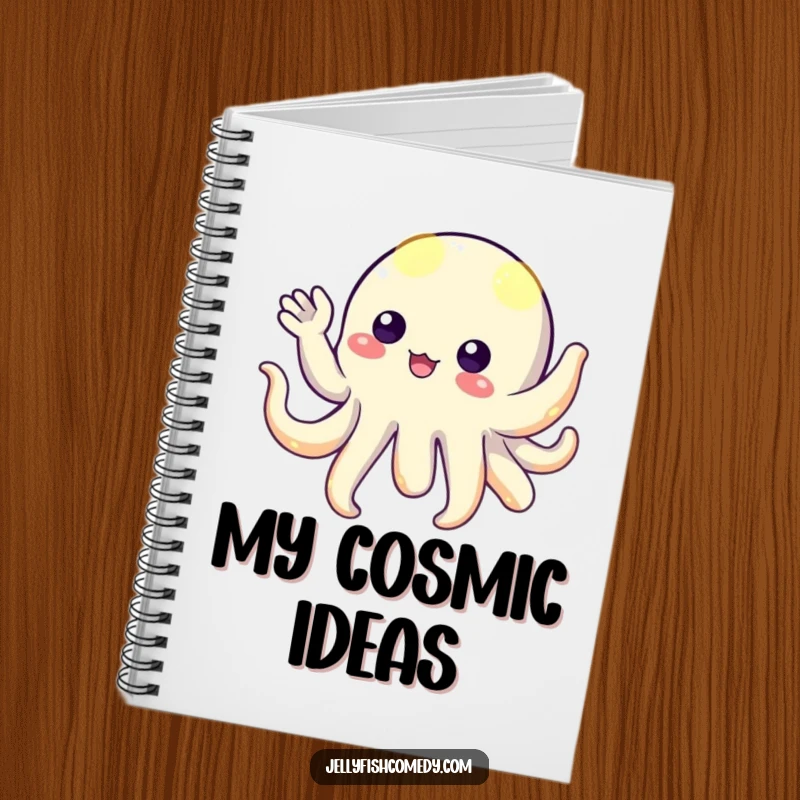 Funny floating creature with vibrant, glowing tentacles, playfully waving hello, adorning the cover of a notebook for imaginative minds.