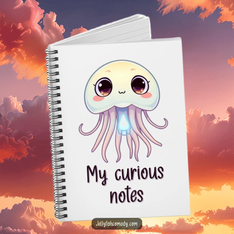 Funny jellyfish with wide, curious eyes peering at a tiny glowing plankton, a humorous notebook for curious minds.