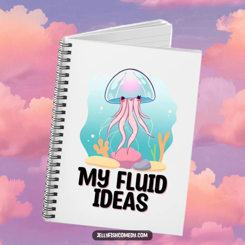 Funny Jellyfish Notebook: A graceful jellyfish spinning in a current adorns this notebook, perfect for capturing calm thoughts.