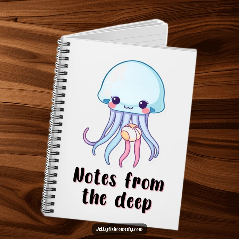 Funny jellyfish notebook, a sea creature gently holding a tiny seashell, perfect for journaling with a serene, ocean-inspired theme.