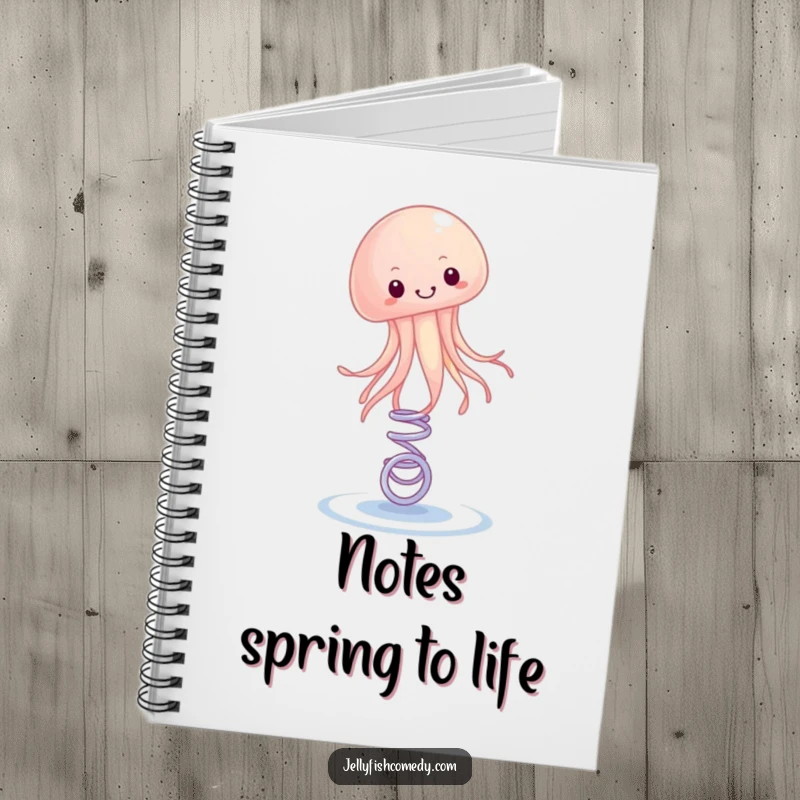 Funny Notebook cover featuring a happy jellyfish energetically bouncing on a spring. Ideal for capturing lively ideas.