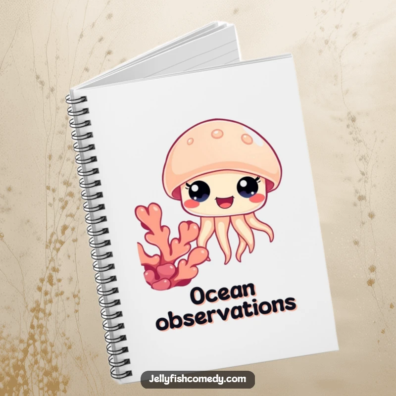 Funny jellyfish coral notebook, wide happy eyes peeking from behind coral, ideal for jotting down happy thoughts.