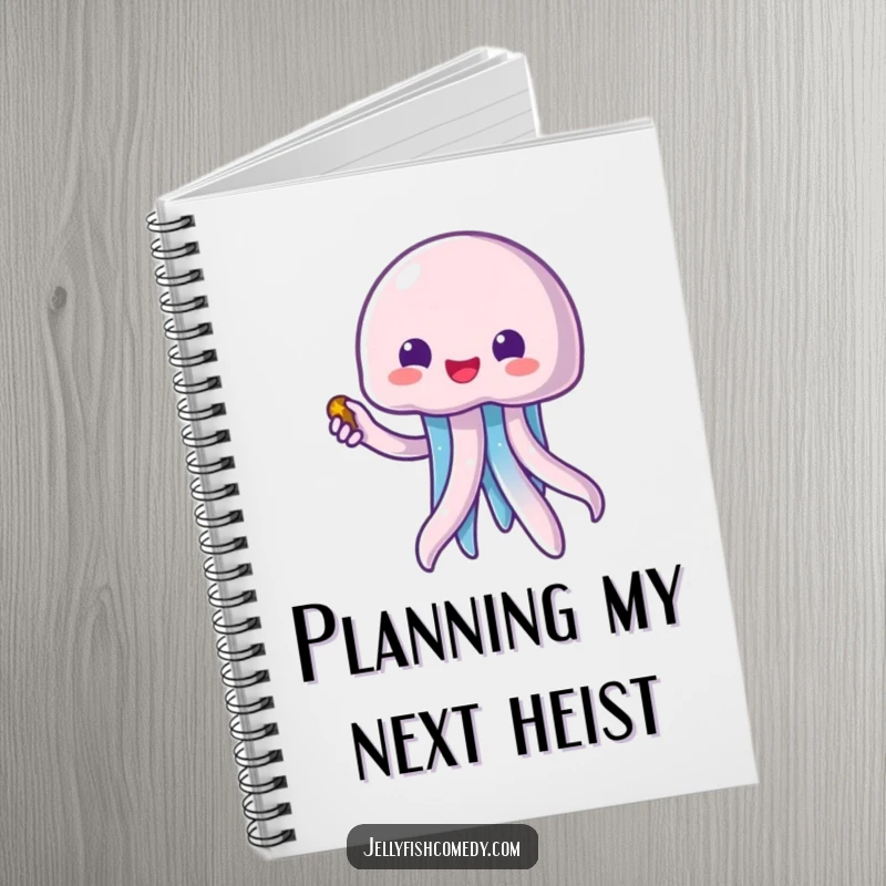 Funny kawaii jellyfish pointing to a treasure chest, a blank notebook for writing down your funniest thoughts and ideas.