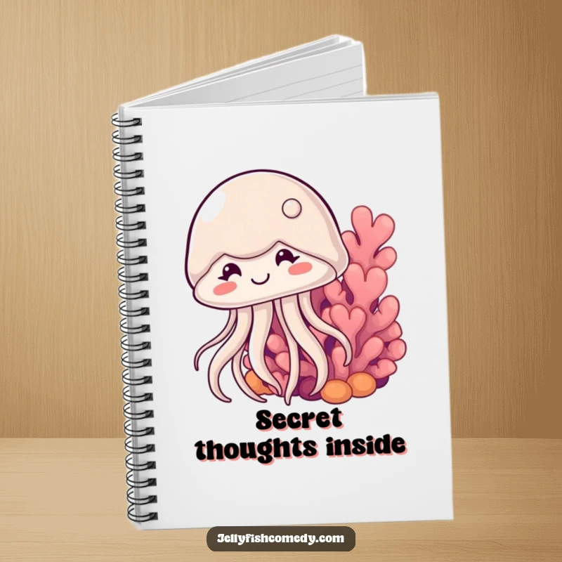 Funny shy jellyfish notebook design shows a cute jellyfish smiling shyly behind coral, ideal for writing and creative thoughts.