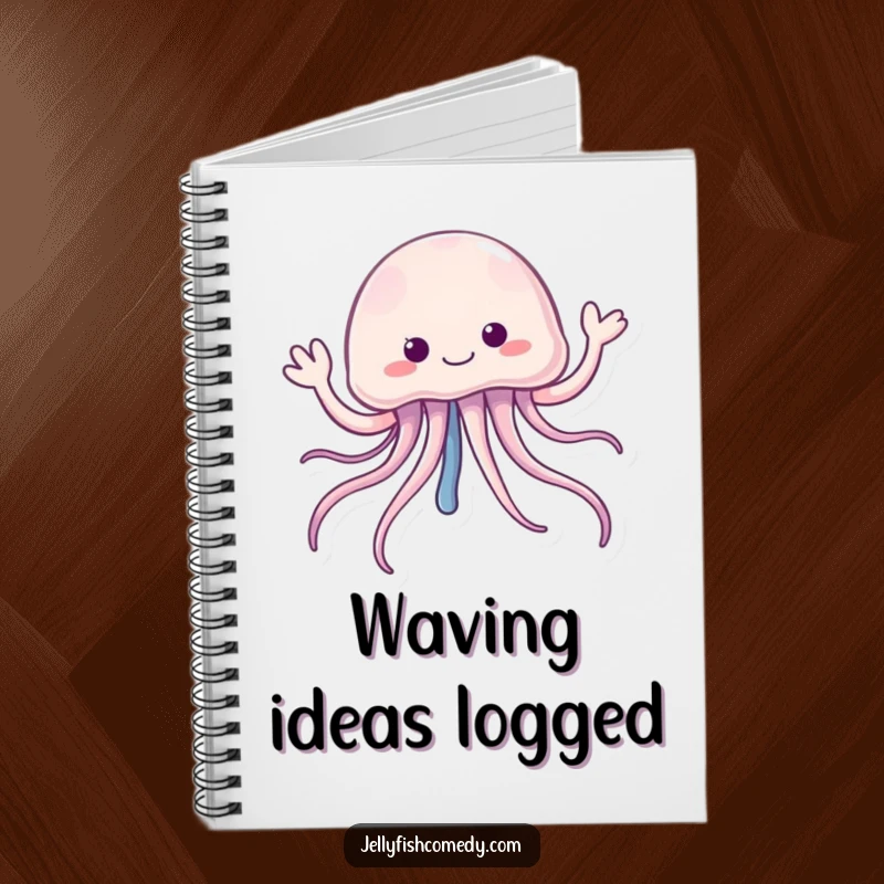 Funny jellyfish notebook cover with trailing tentacles cheerfully waving hello, perfect for capturing friendly thoughts.
