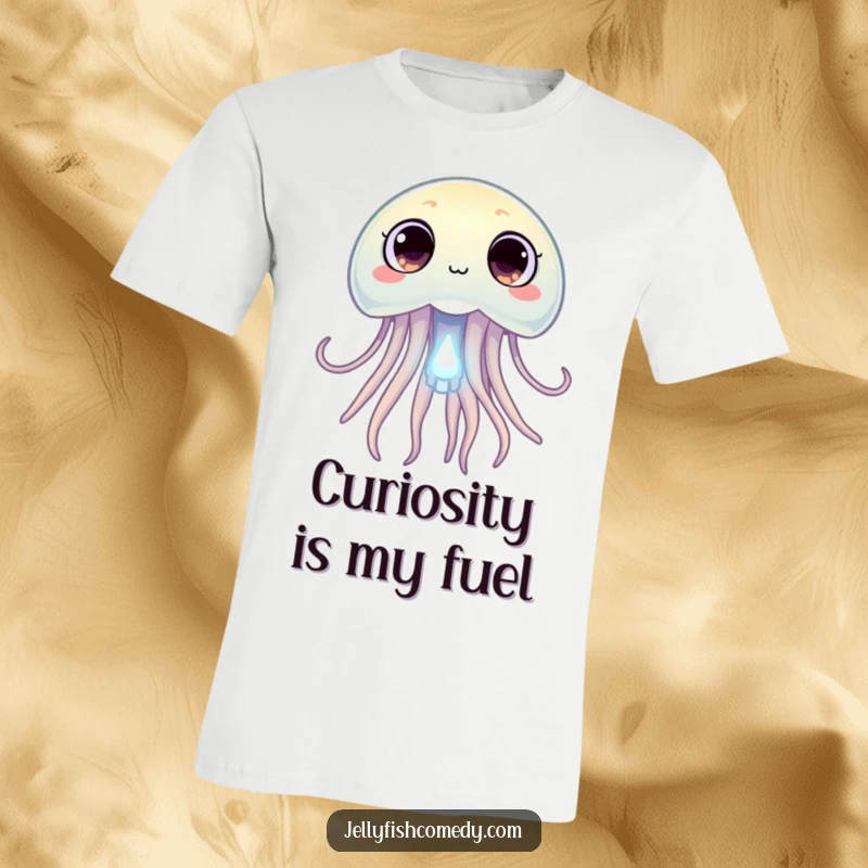 Funny jellyfish with wide, curious eyes gazing at a tiny glowing plankton, a humorous t-shirt for the curious.