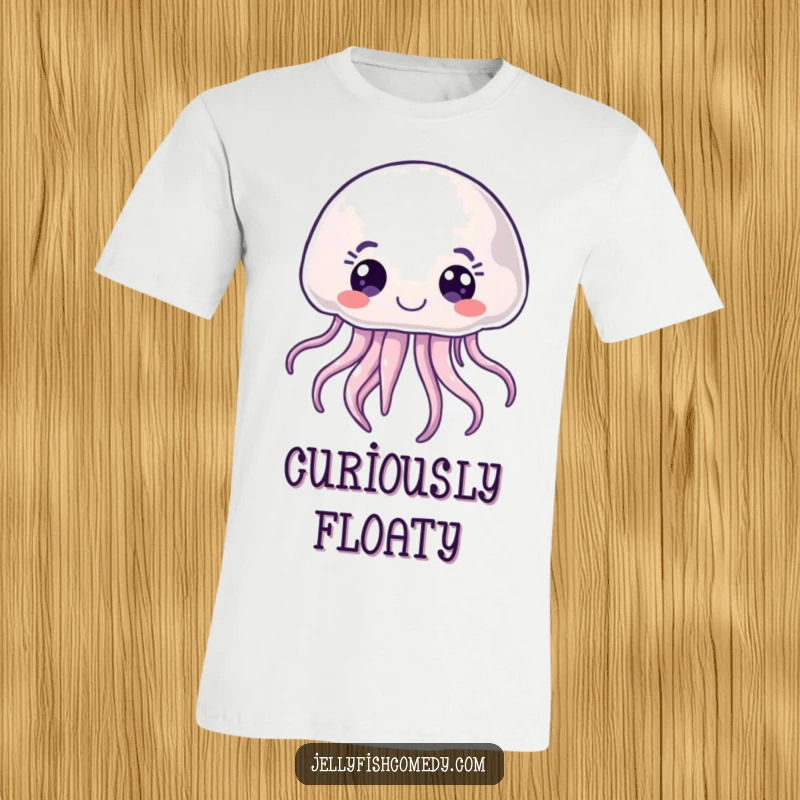 Funny joyful jellyfish t-shirt with a floating sea creature and wide, curious eyes, capturing a sense of wonder.