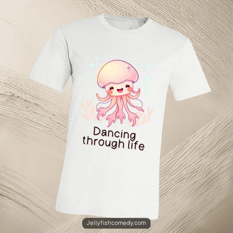 Funny glee jellyfish dance t-shirt featuring a bubbly sea creature grooving with infectious happiness.