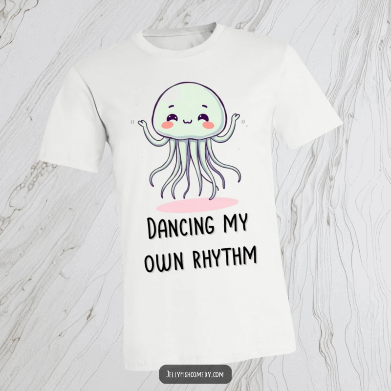 Funny t-shirt depicting a jellyfish joyfully dancing with amusingly wobbly and silly movements.
