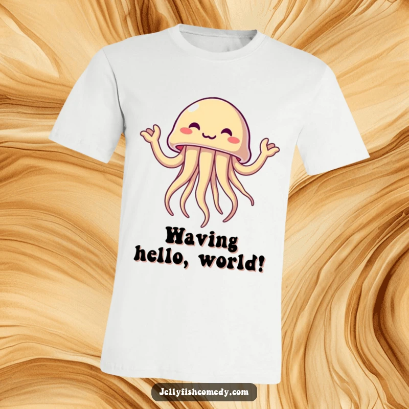 Funny jellyfish waving tentacle arms excitedly, a humorous and energetic t-shirt for enthusiastic individuals.