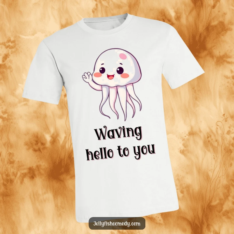Funny jellyfish with a cheerful smile waving gently, designed for a humorous t-shirt with positive vibes.