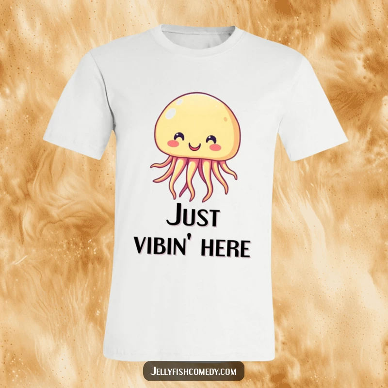 Funny T-Shirt showcasing a beaming, cheerful jellyfish with a wide smile floating happily. This shirt guarantees smiles and laughs.