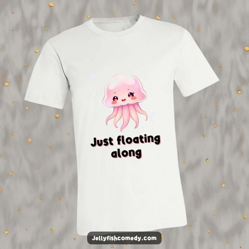 Funny transparent jellyfish joyfully floating among sparkling bubbles, a humorous and uplifting t-shirt.