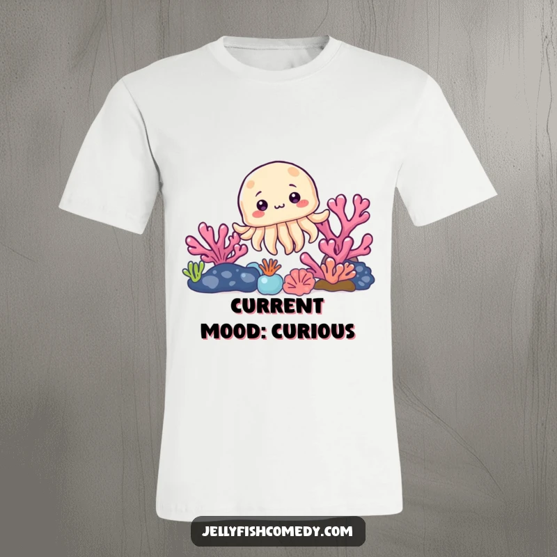 Funny t-shirt with a cute jellyfish character curiously peeking out from a vibrant coral reef, inviting intrigue and smiles.