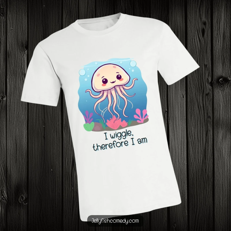Funny t-shirt design of a jellyfish performing a silly underwater dance, tentacles swirling energetically in a humorous, aquatic display.