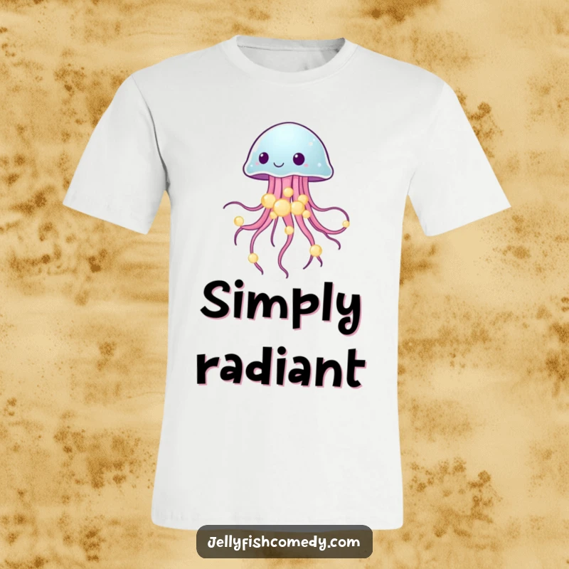 Funny t-shirt of a jellyfish balancing delicate glowing sea pearls, celebrating ocean beauty and whimsy.