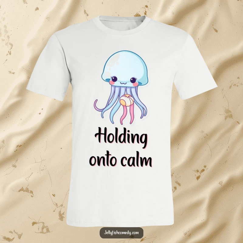 Funny jellyfish t-shirt, a sea creature tenderly holding a tiny seashell with its tentacles, symbolizing peaceful beach vibes.